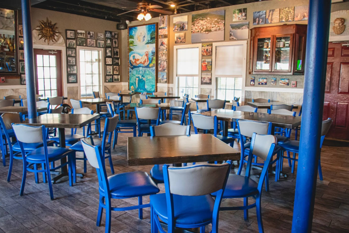 Interior, blue chairs and tables